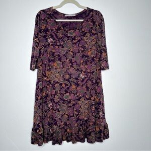 Peruvian Connection Floral Purple Tunic Dress 100% Pima Cotton Pockets Size Med